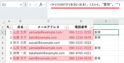 EXCELのCOUNTIF関数で重複業の判定を行っている画面