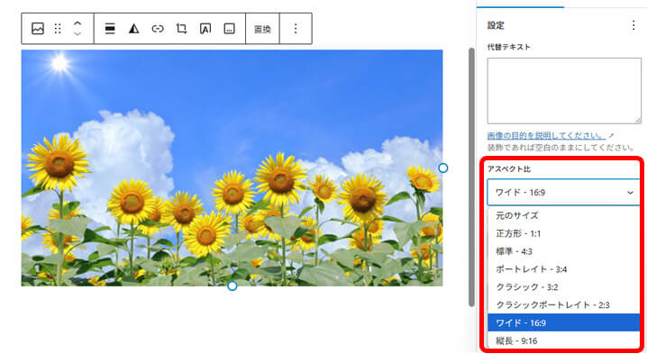 Worpressで画像の縦横比を選択している画面