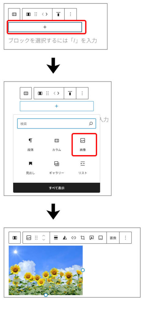 wordpressのカラムブロックで、左側のカラムに画像ブロックを追加している画面